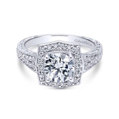 Theresa Vintage 14K White Gold Round Halo Diamond Engagement Ring