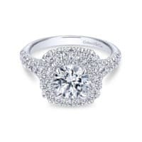 14k White Gold Cushion Double Halo Round Diamond Engagement Ring