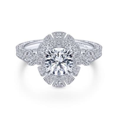 Unique 14K White Gold Art Deco Halo Engagement Ring