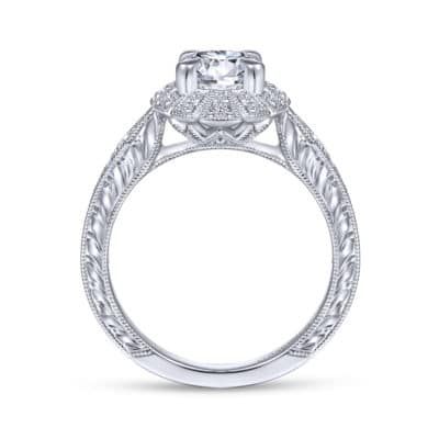 Unique 14K White Gold Art Deco Halo Engagement Ring